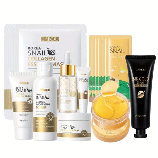 Snail Collagen Skincare Set, Includes A Cleanser, Toner, Serum, Eye Cream, Essence Cream, Eye Mask, Sleeping Face Mask, Tearing-Off Mask And Face Mask, Moisturizing Skincare Set For Women, Perfect Gift For New Year, Mother'S